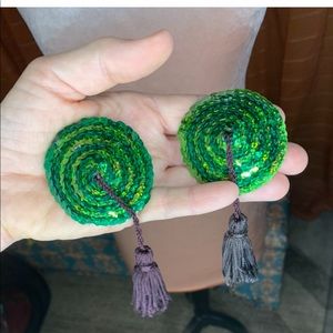 Lingerie- Costume-Green sequins pasties with tassels, nipple covers, burlesque